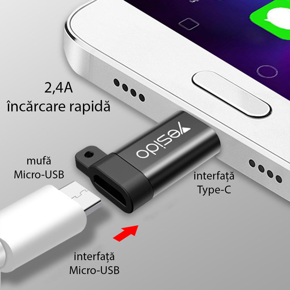 Adaptateur de Données et de Charge microUSB - USB-C Yesido GS04, Noir