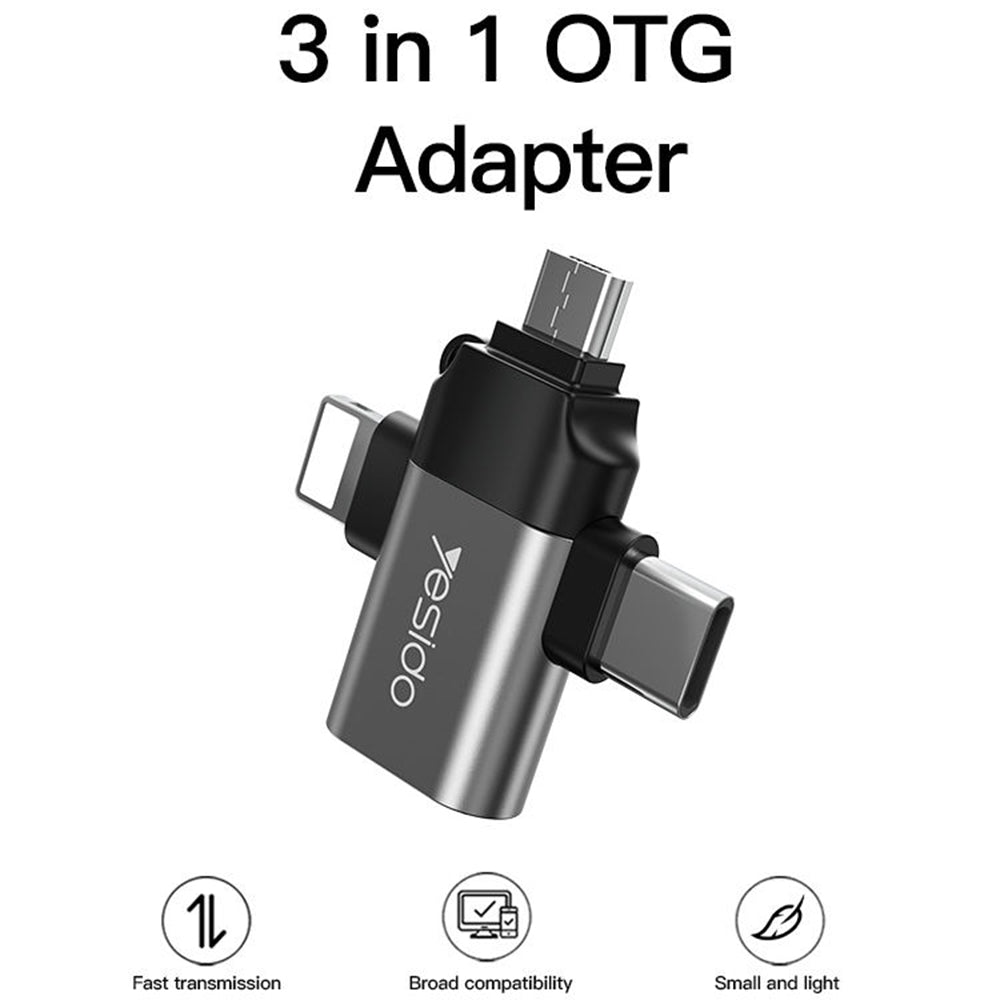 OTG-Adapter Lightning / microUSB / USB-C - USB-A Yesido GS15, Schwarz