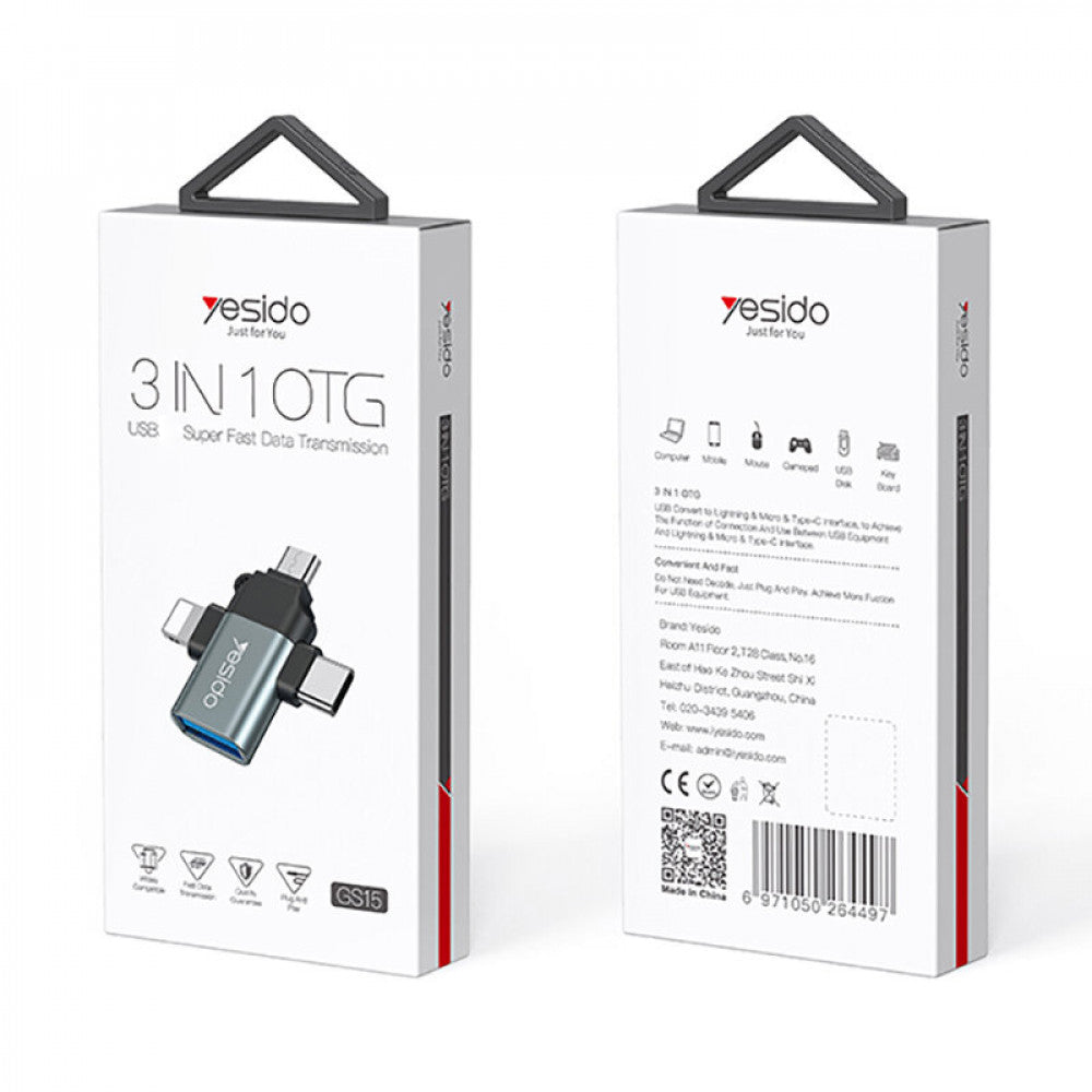 OTG-Adapter Lightning / microUSB / USB-C - USB-A Yesido GS15, Schwarz
