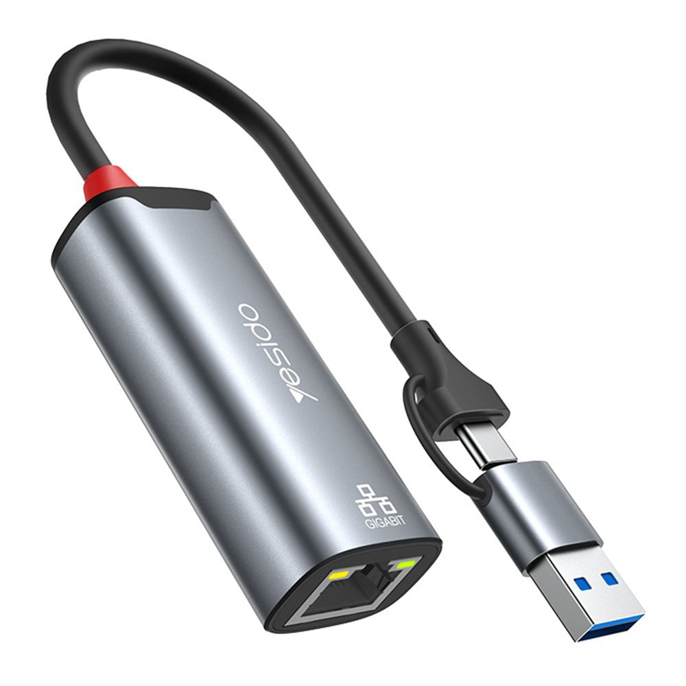 Netzwerkkarte Yesido HB26, RJ45, USB / USB-C, Grau