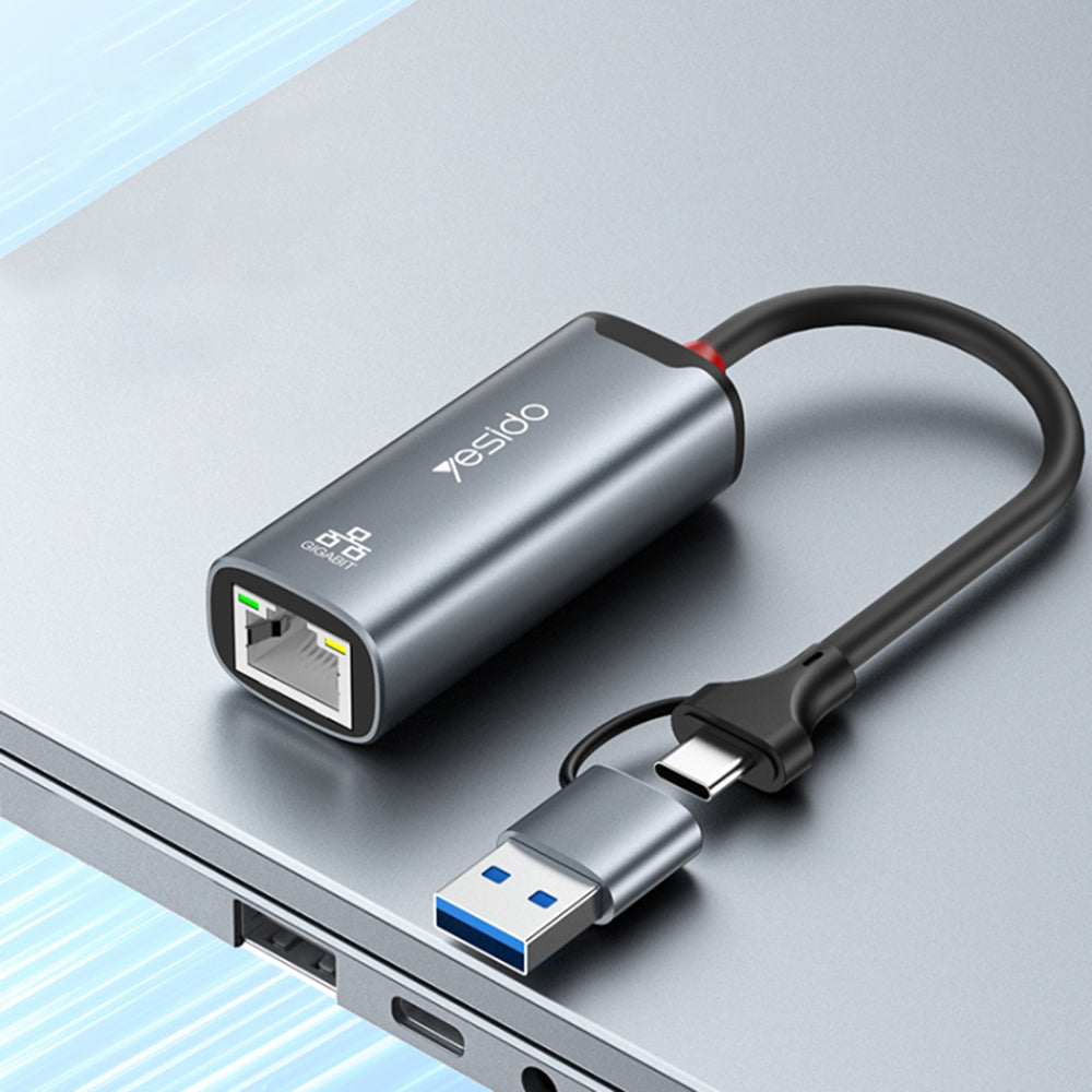 Netzwerkkarte Yesido HB26, RJ45, USB / USB-C, Grau