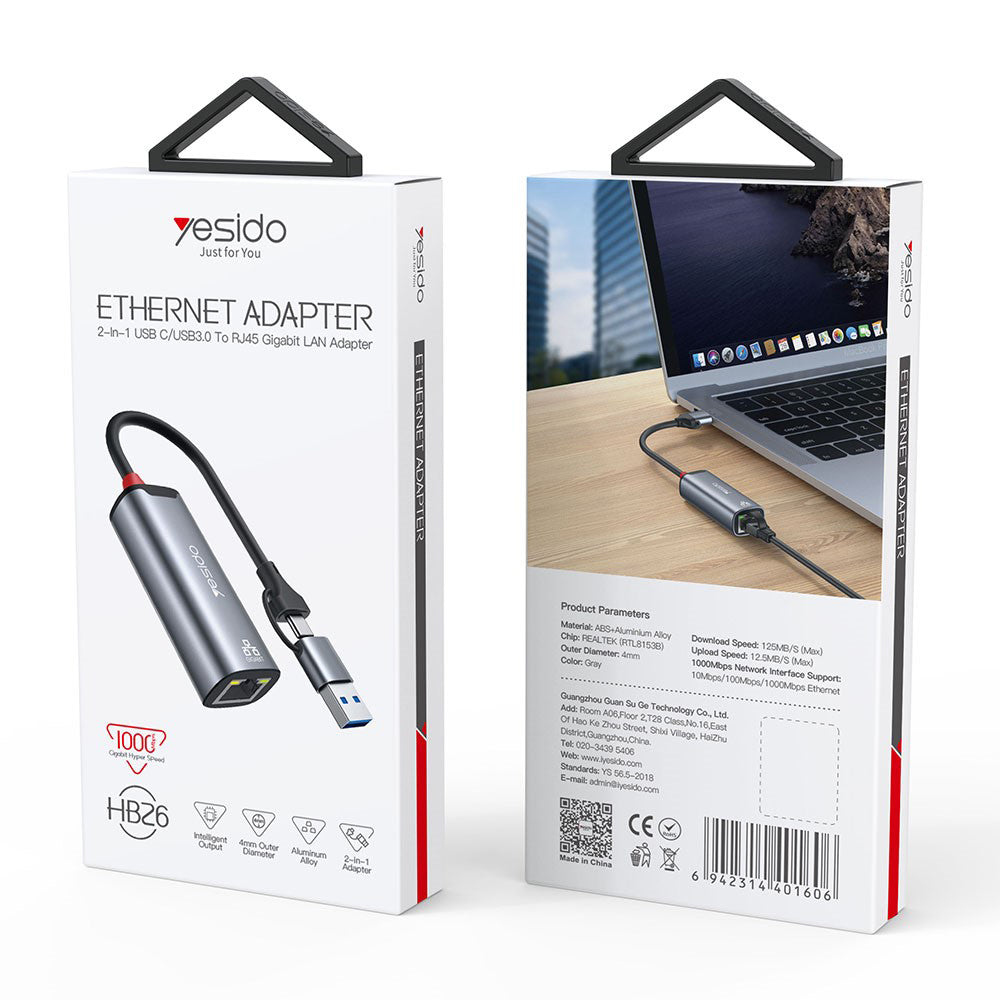 Netzwerkkarte Yesido HB26, RJ45, USB / USB-C, Grau
