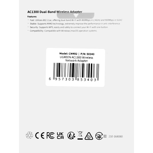 Drahtloser Adapter UGREEN CM492, Dual Band, 1300Mbps, Grau