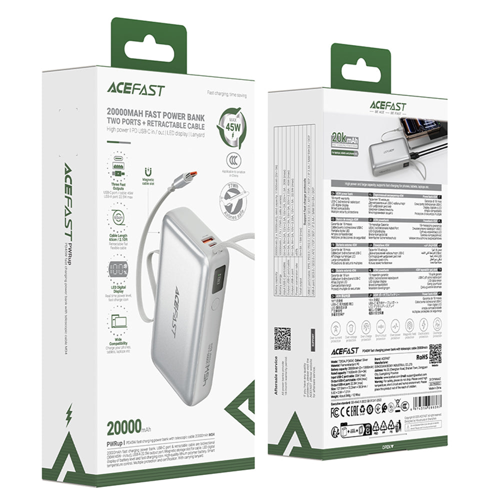 Batterie Externe Acefast M34, 20000mAh, 45W, QC + PD, 1 x USB-A - 2 x USB-C, Argentée