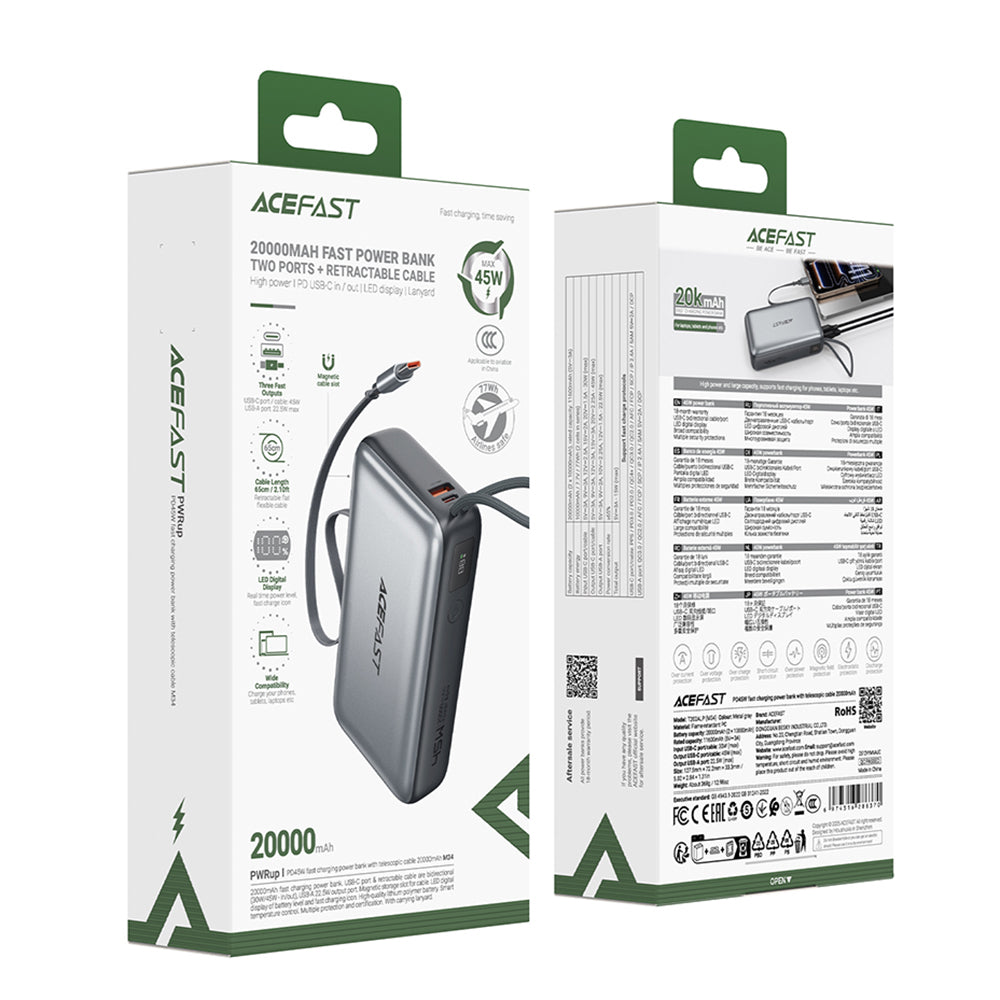 Batterie Externe Acefast M34, 20000mAh, 45W, QC + PD, 1 x USB-A - 2 x USB-C, Gris