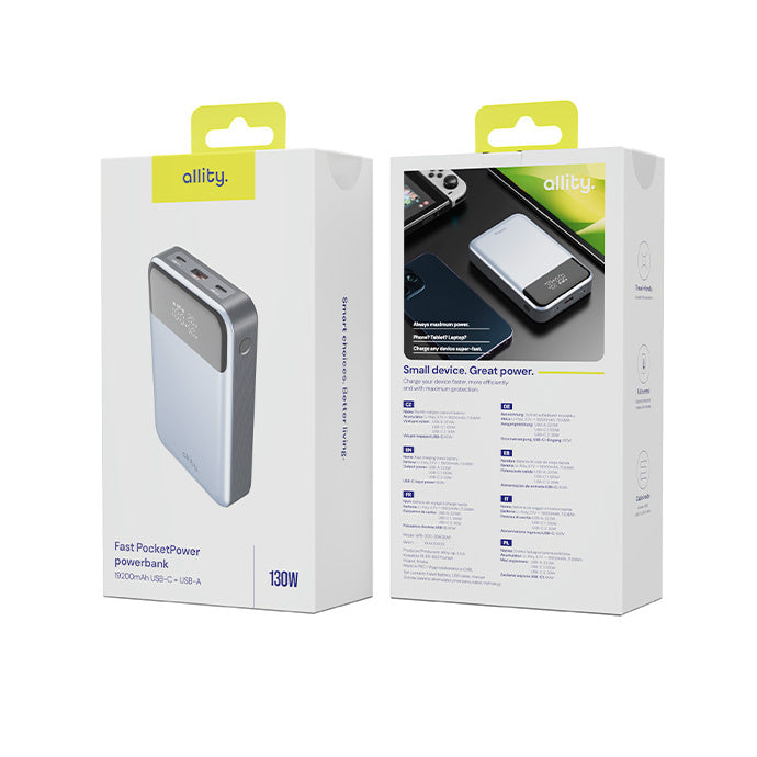 Allity External Battery. APB-200 PocketPower, 19200mAh, 130W, QC + PD, 1 x USB-A - 2 x USB-C, Gray