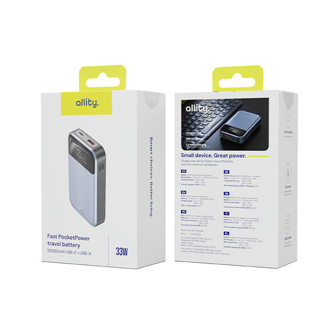 Externer Akku Allity. APB-200 PocketPower, 10000mAh, 33W, QC + PD, 1 x USB-A - 1 x USB-C, Grau