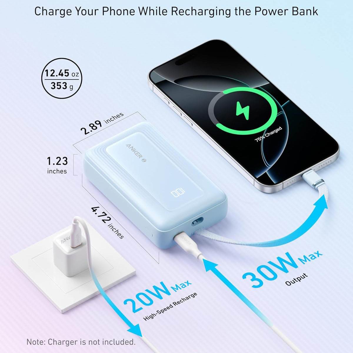 Batterie Externe Anker Zolo, 20000mAh, 30W, QC + PD, 1 x USB-A - 2 x USB-C, Bleue A1689031