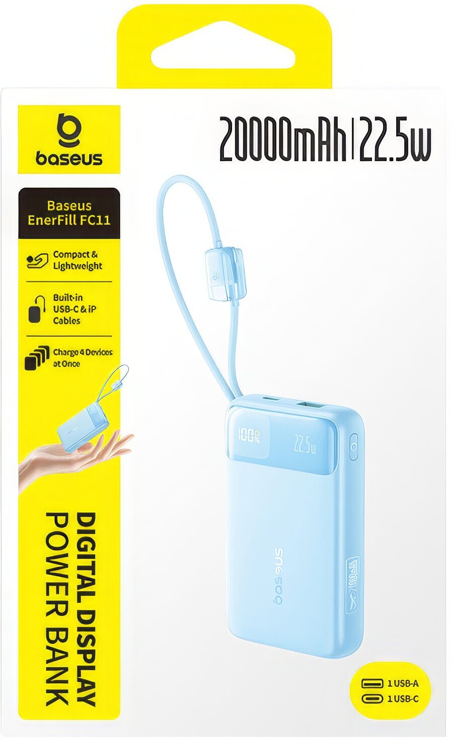 Batterie Externe Baseus EnerFill FC11, 20000mAh, 22,5W, QC + PD, 1 x Lightning - 1 x USB-A - 2 x USB-C, Bleue E0027S06