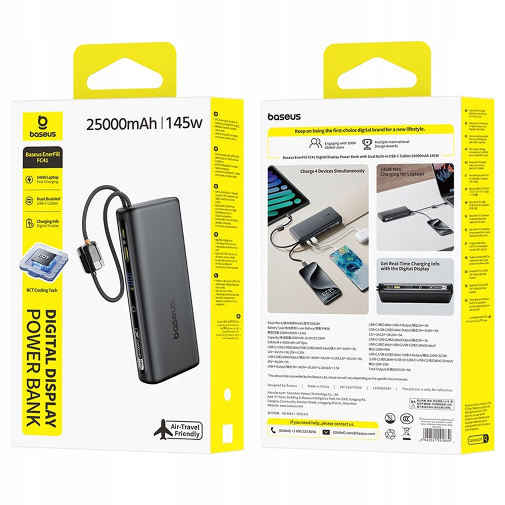 Batterie Externe Baseus EnerFill FC41, 25000mAh, 145W, QC + PD, 1 x USB-A - 3 x USB-C, Noire E0028H03