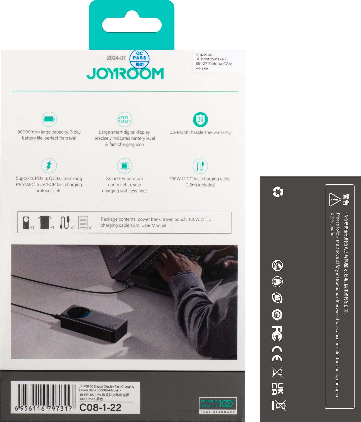 Joyroom JR-PBF05 External Battery, 30000mAh, 65W, QC + PD, 1 x USB-A - 2 x USB-C, Black