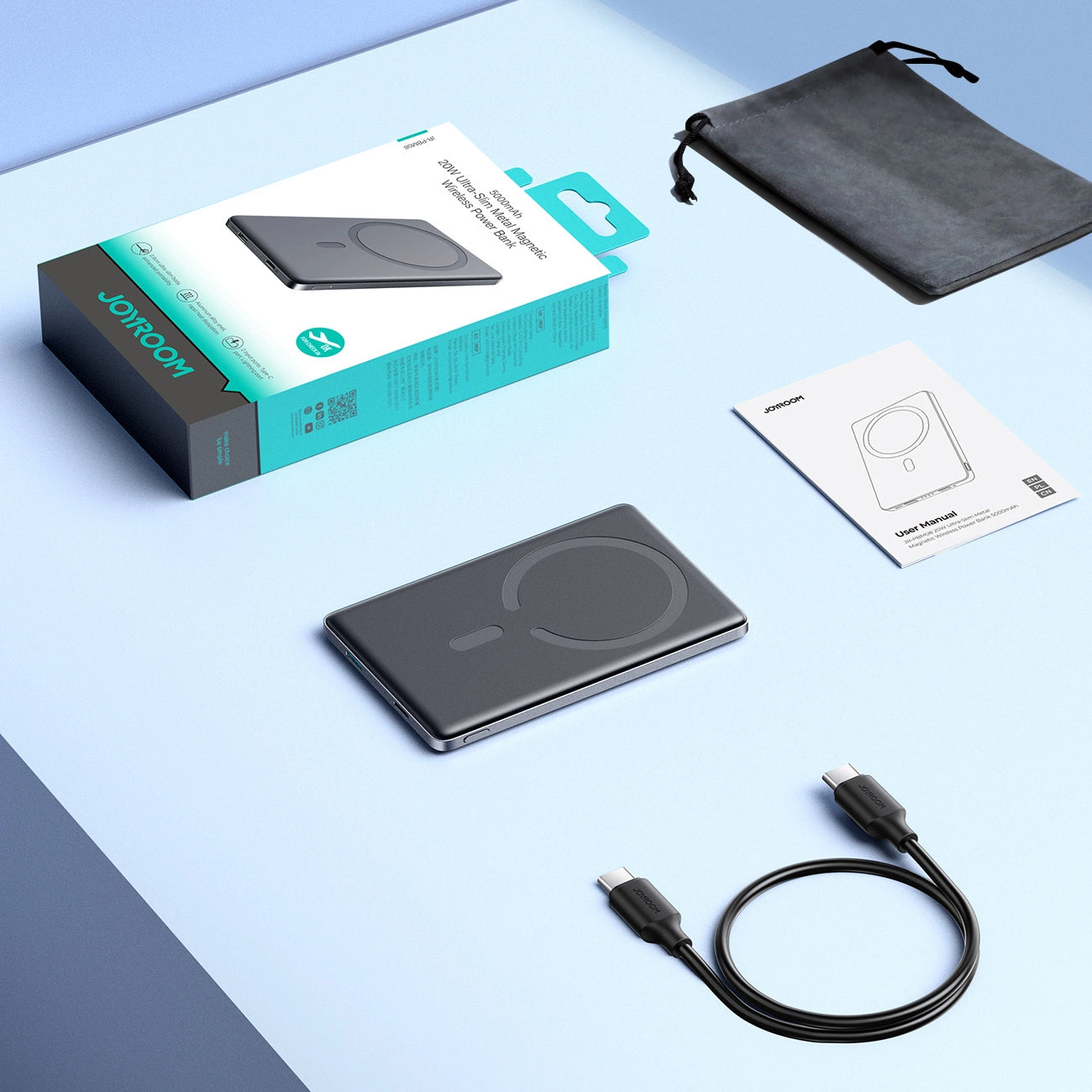 Externer Wireless-Akku Joyroom JR-PBM08, 5000mAh, 20W, PD + FQI, 1 x QI - 1 x USB-C, Grau