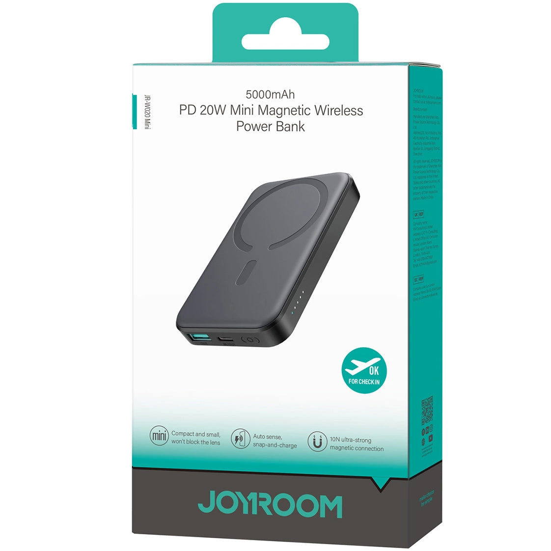 Externer Wireless-Akku Joyroom JR-W020 Mini, 5000mAh, 20W, QC + PD + FQI, 1 x QI - 1 x USB-A - 1 x USB-C, Schwarz