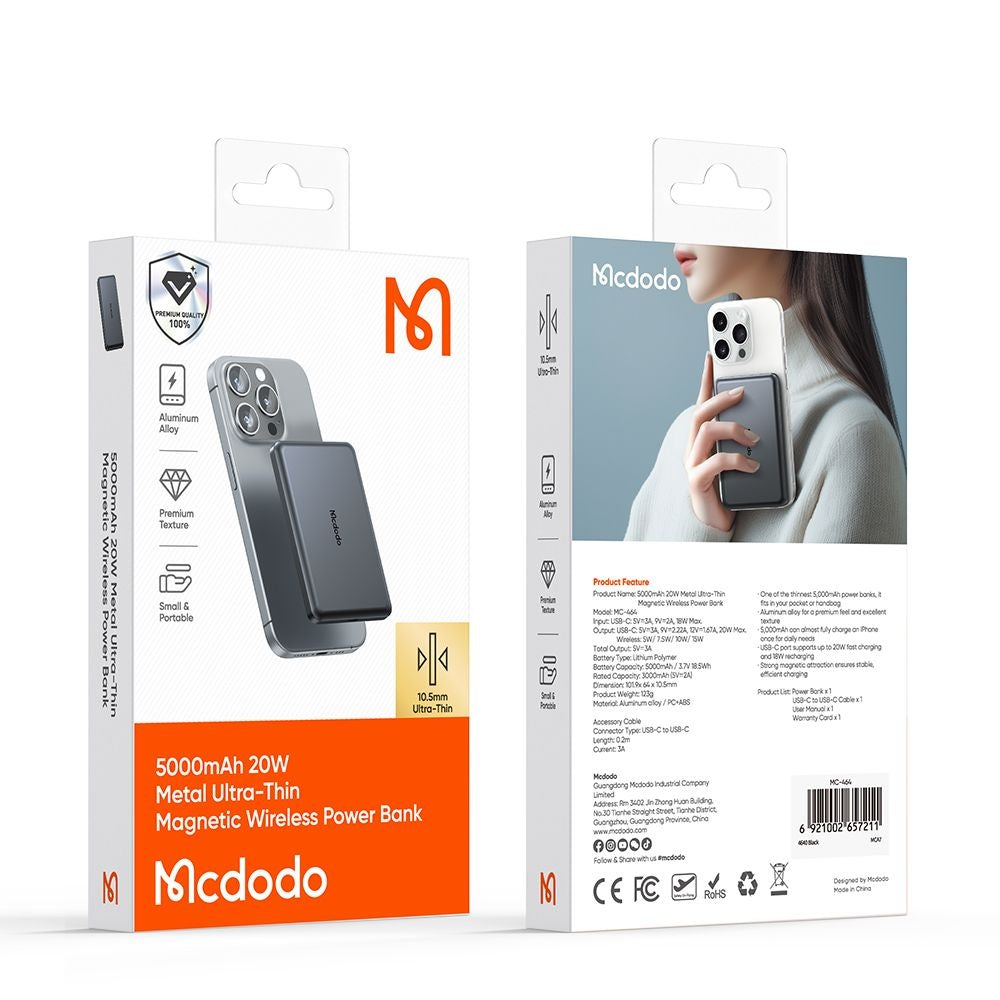 Batterie Externe Sans Fil McDodo MC-4641 Meta, 5000mAh, 20W, PD + FQI, 1 x QI - 1 x USB-C, Noire