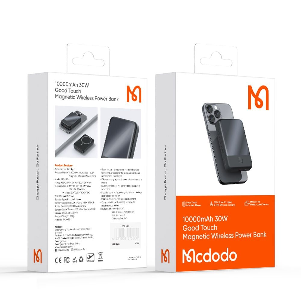 Externer Wireless-Akku McDodo MC-5931 Ambilight, 10000mAh, 30W, PD + FQI, 1 x QI - 1 x USB-C, Schwarz