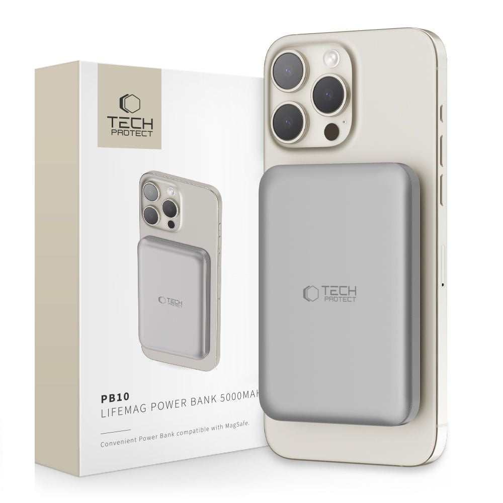 Tech-Protect PB10 LifeMag Batterie externe sans fil, 5000mAh, 15W, PD + FQI, 1 x QI - 1 x USB-C, Gris