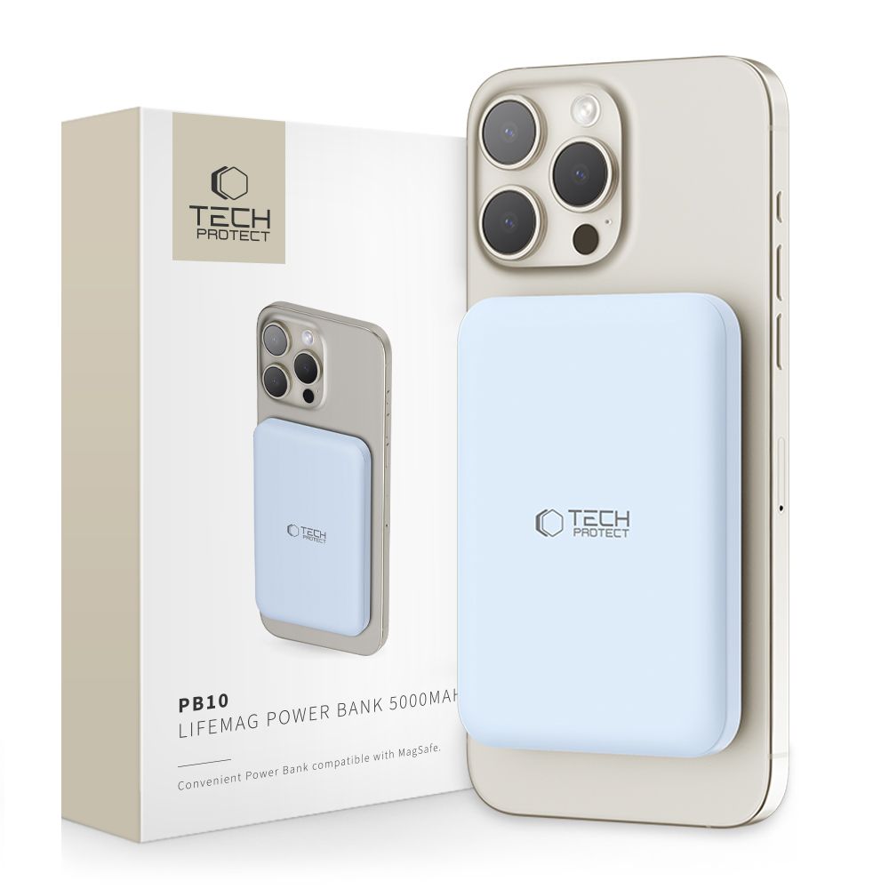 Externe drahtlose Batterie Tech-Protect PB10 LifeMag, 5000mAh, 15W, PD + FQI, 1 x QI - 1 x USB-C, Blau