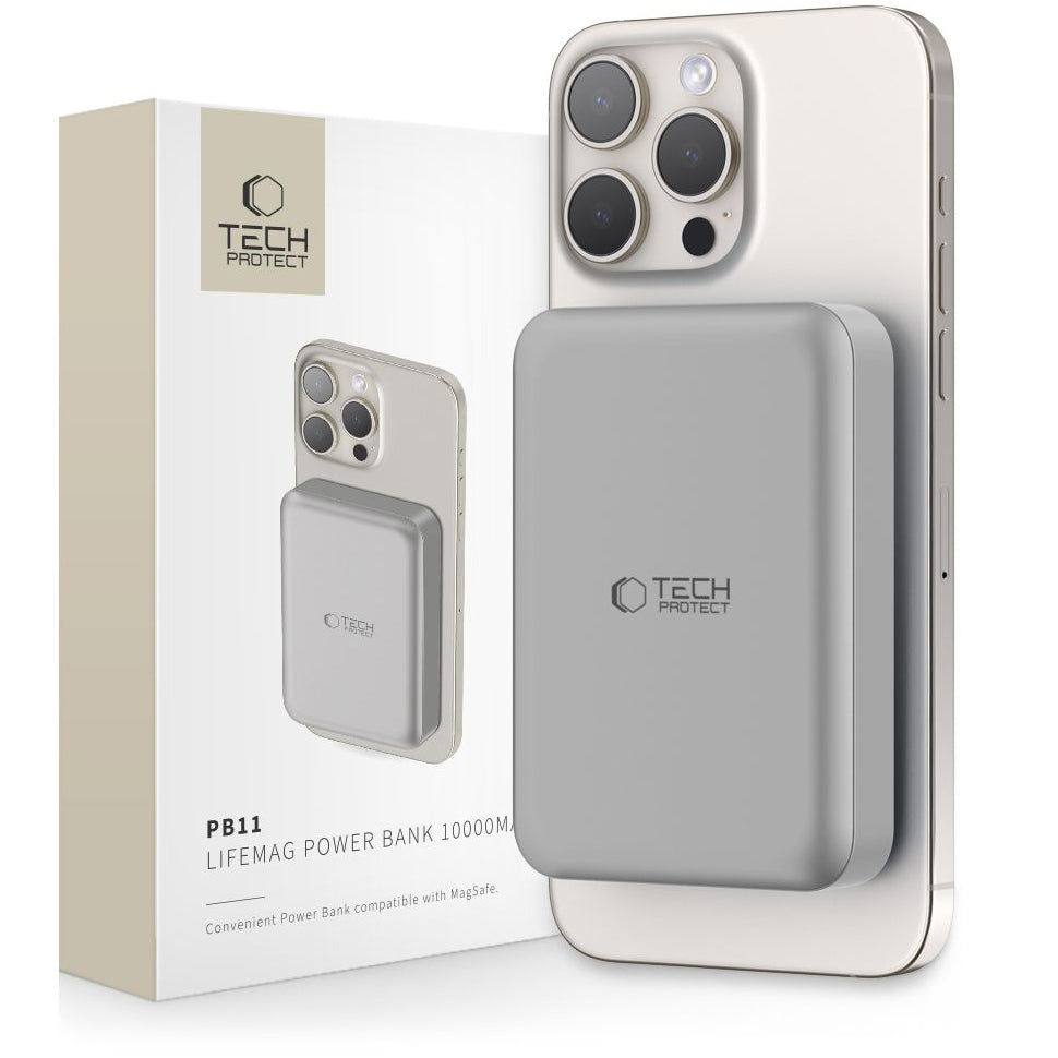 Batterie externe sans fil Tech-Protect PB11 LifeMag, 10000mAh, 15W, PD + FQI, 1 x QI - 1 x USB-C, Gris