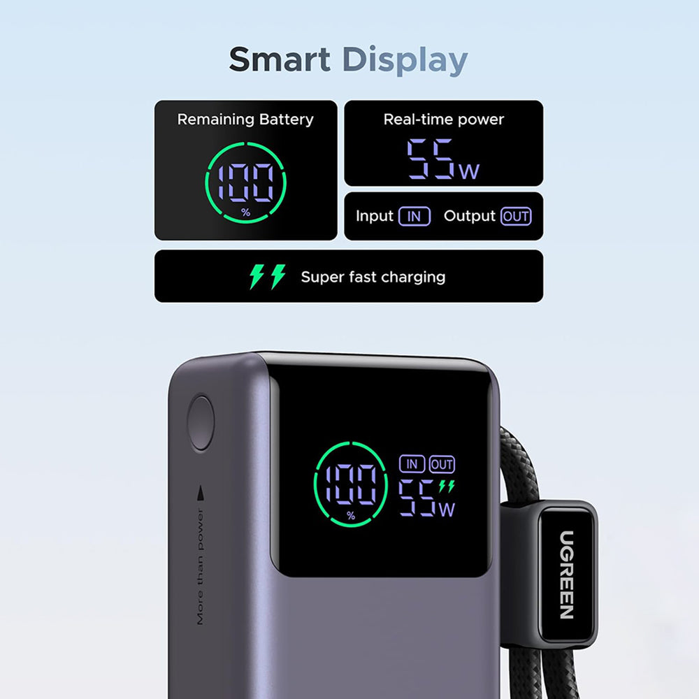 Batterie Externe UGREEN Nexode Pro PB727 (85301B), 10000mAh, 55W, QC + PD, 1 x USB-A - 2 x USB-C, Gris