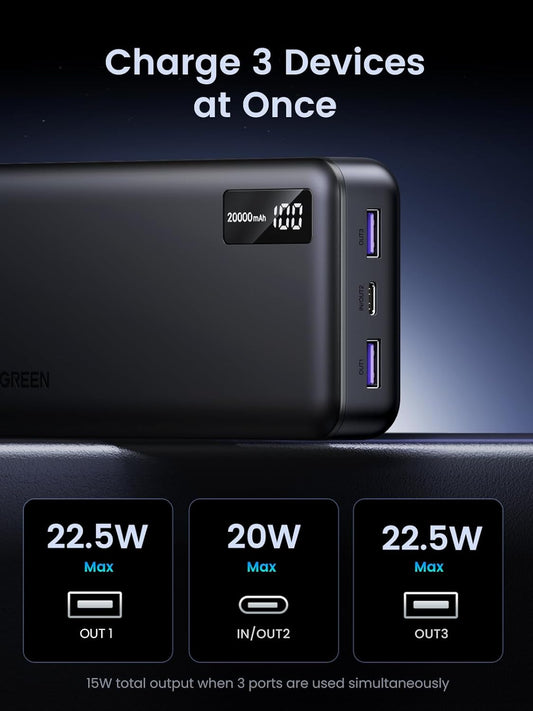 Externe Batterie UGREEN PB312, 20000mAh, 22.5W, QC + PD, 1 x USB-C - 2 x USB-A, Schwarz