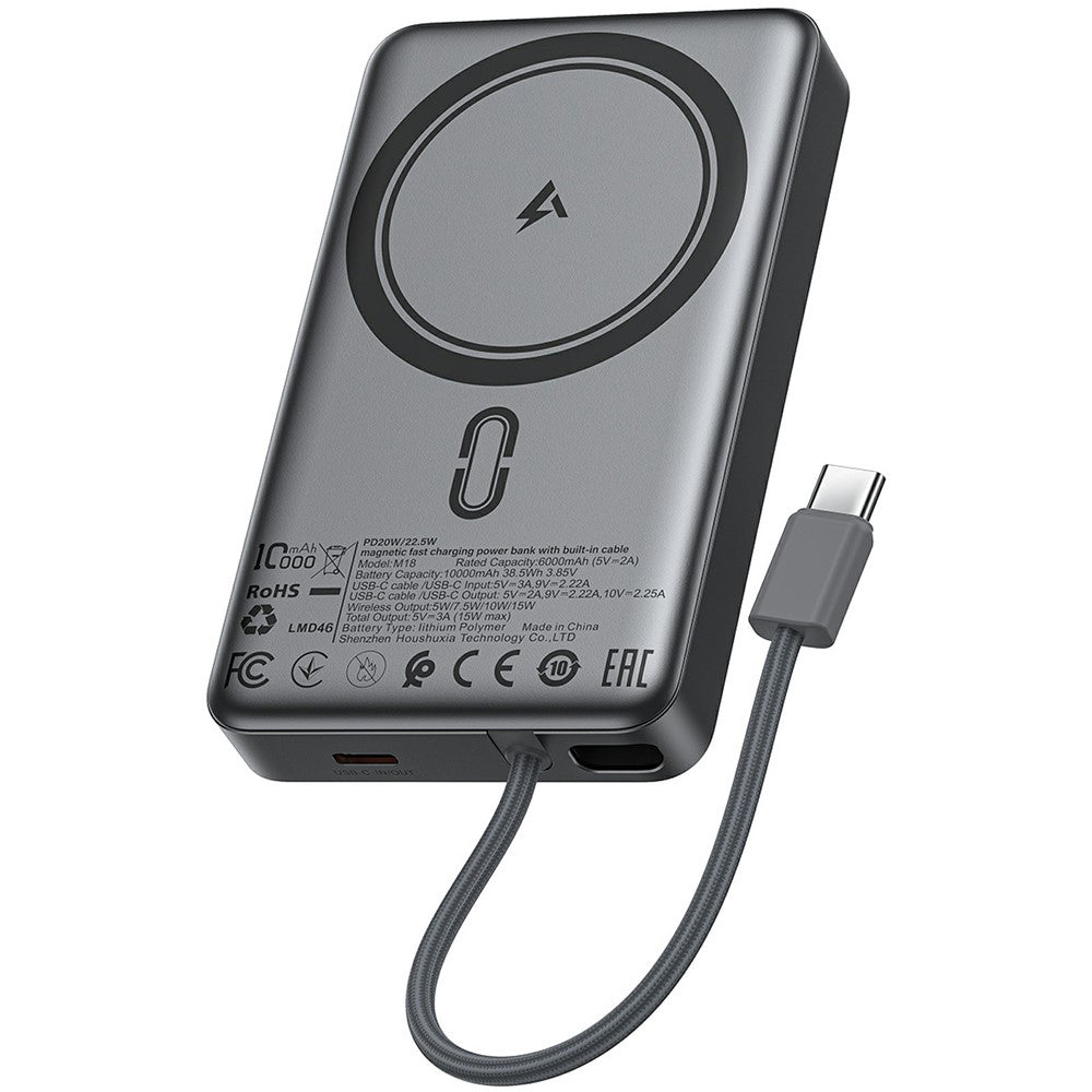 Batterie Externe Sans Fil Acefast M18, 10000mAh, 22.5W, PD + FQI, 1 x QI - 2 x USB-C, Noire