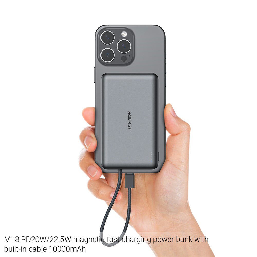 Batterie Externe Sans Fil Acefast M18, 10000mAh, 22.5W, PD + FQI, 1 x QI - 2 x USB-C, Noire