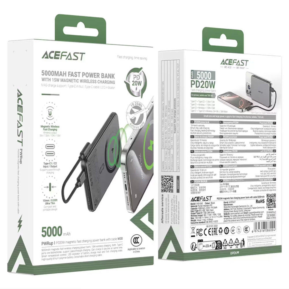 Batterie Externe Sans Fil Acefast M30, 5000mAh, 20W, PD + FQI, 1 x QI - 2 x USB-C, Noire