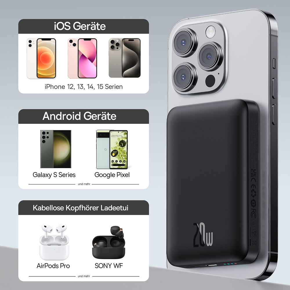 Batterie Externe Sans Fil Baseus Magnetic Mini, 10000mAh, 20W, PD + FQI, 1 x QI - 1 x USB-C, Noire P10059001113-00