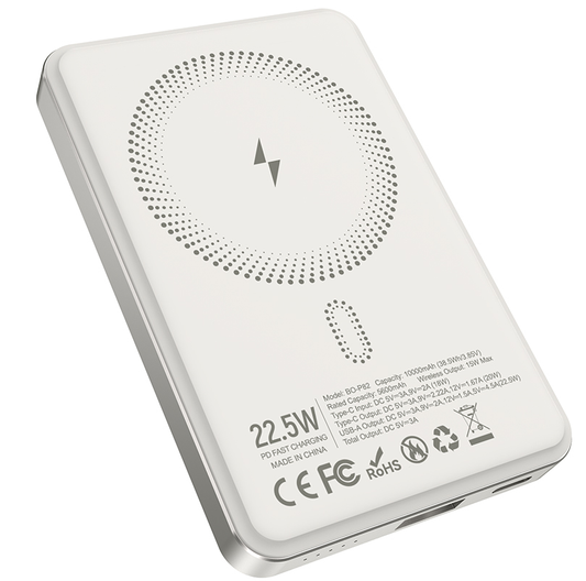 Wireless External Battery BWOO BO-P82, 10000mAh, 22.5W, PD + FQI, 1 x QI - 1 x USB-C, White