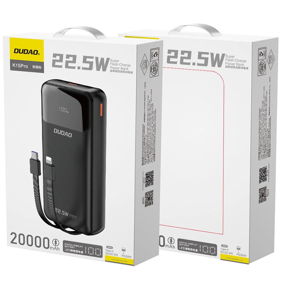 Externer Akku Dudao K15Pro, 20000mAh, 22.5W, QC + PD, 1 x Lightning - 1 x USB-A - 2 x USB-C, Schwarz