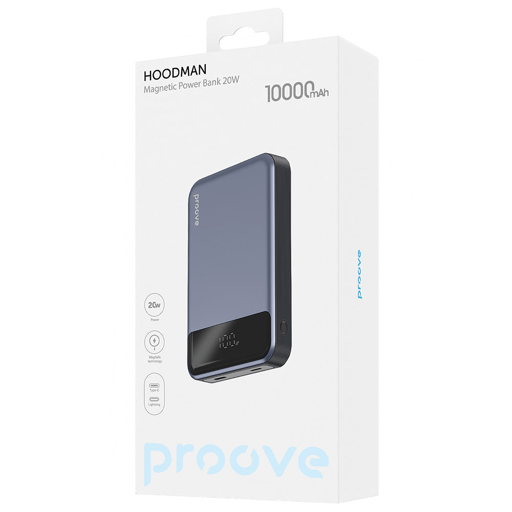 Batterie Externe Sans Fil Proove Hoodman, 10000mAh, 20W, PD + FQI, 1 x QI - 1 x USB-C, Gris PBH120010003