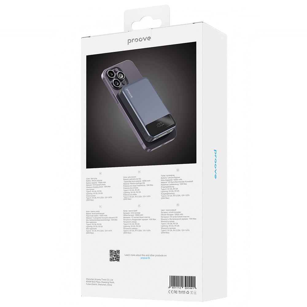 Batterie Externe Sans Fil Proove Hoodman, 10000mAh, 20W, PD + FQI, 1 x QI - 1 x USB-C, Gris PBH120010003