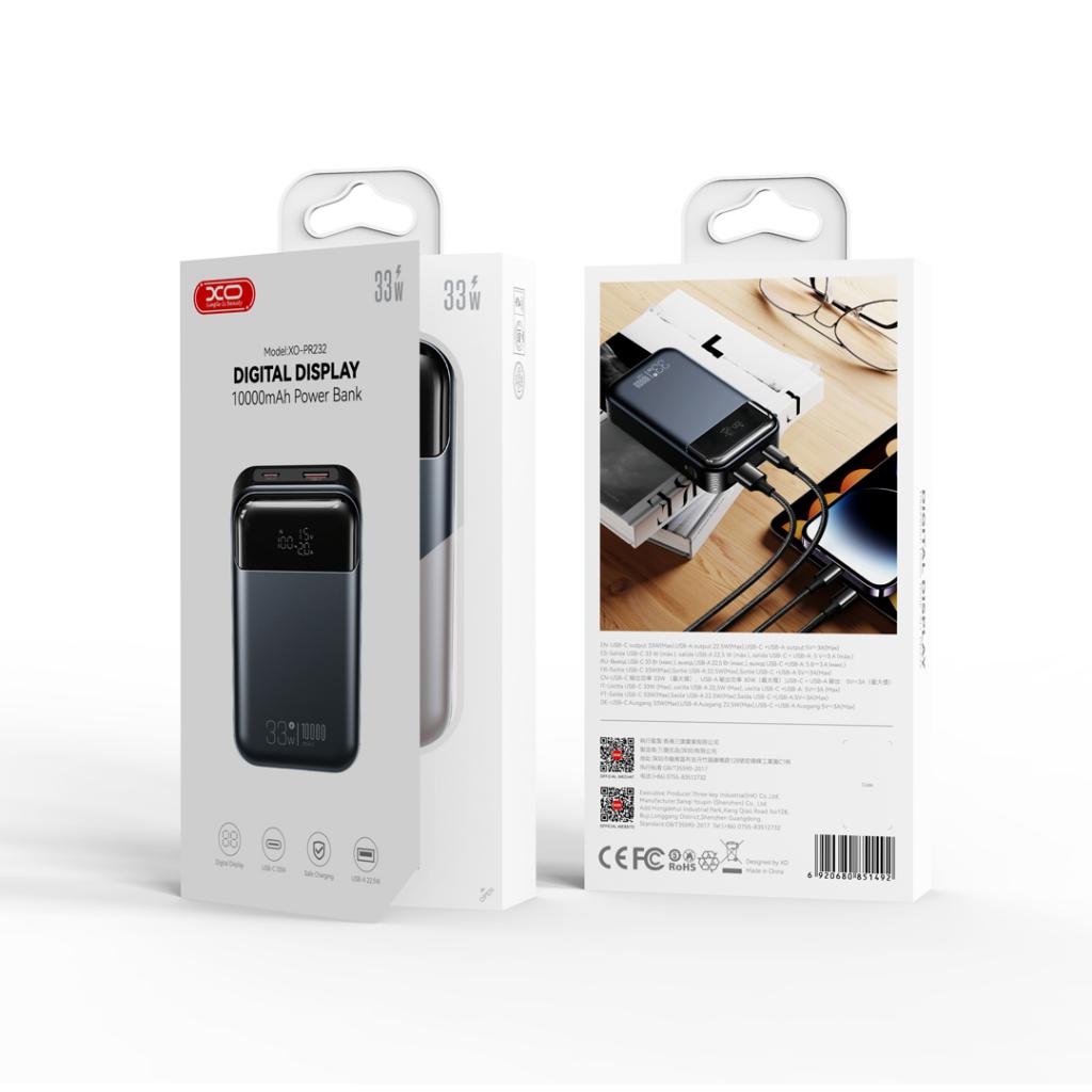 Batterie Externe XO Design PR232, 10000mAh, 33W, QC + PD, 1 x USB-A - 1 x USB-C, Noire
