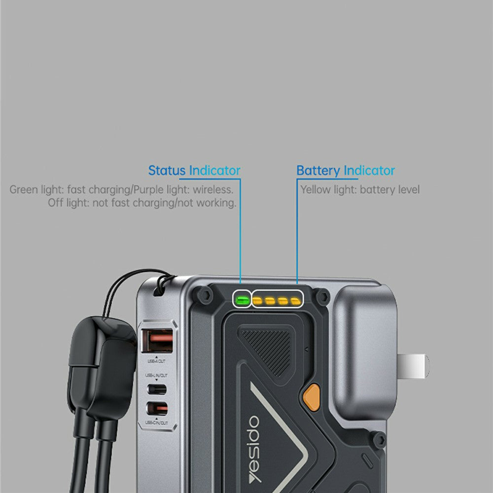 Batterie Externe Yesido YP89, 10000mAh, 22.5W, QC + PD + FQI, 1 x Lightning - 1 x QI - 1 x USB-A - 1 x USB-C, Gris