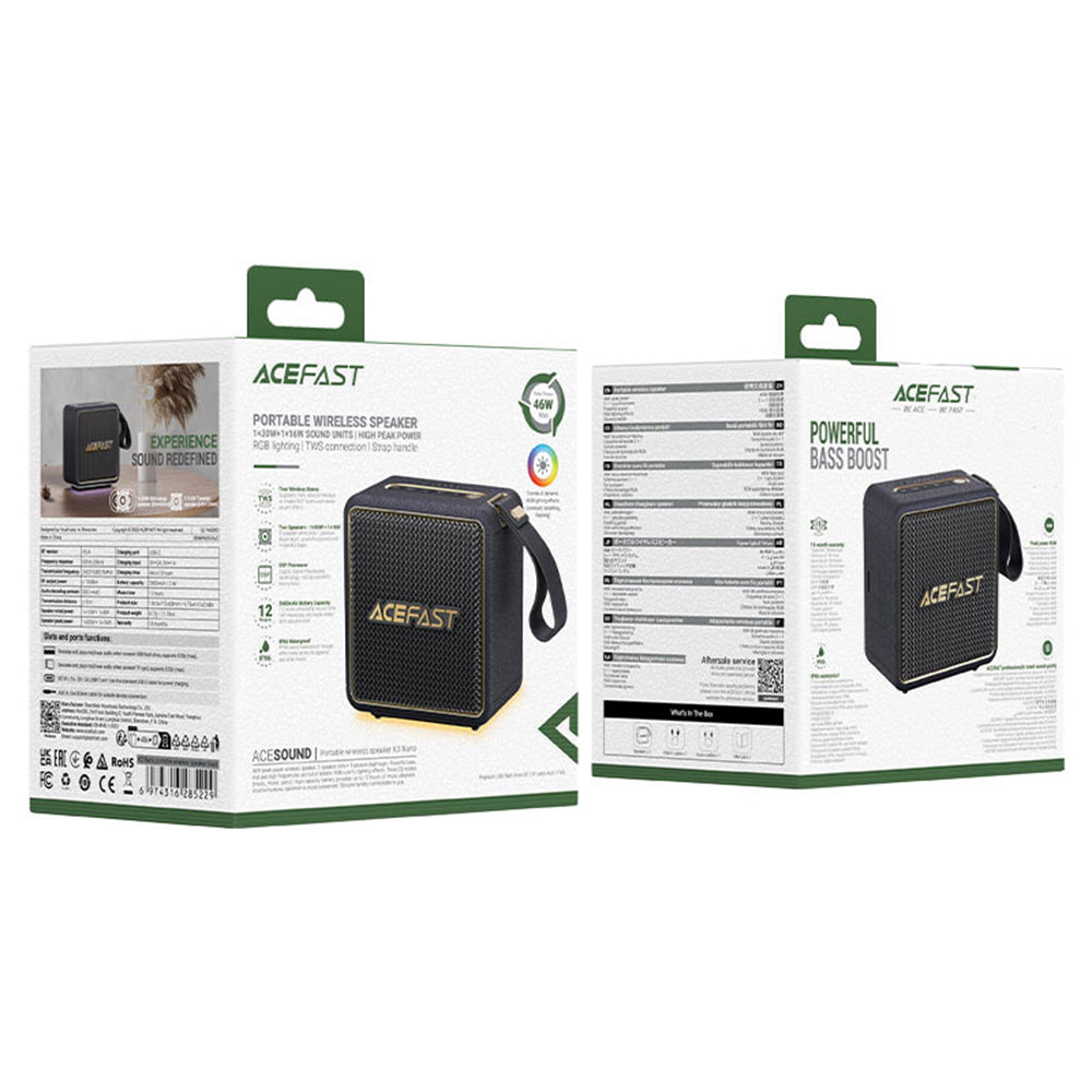 Tragbarer Bluetooth-Lautsprecher Acefast K3 Nano, 1 x 30W - 1 x 16W, RGB, wasserdicht, Schwarz