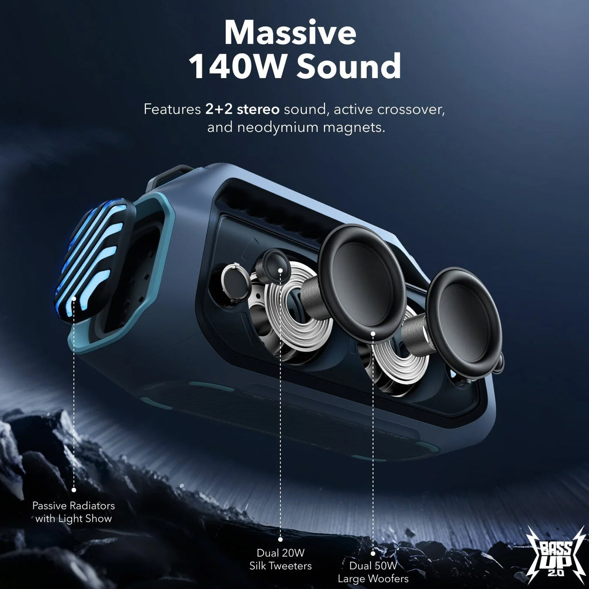 Enceinte Portable Bluetooth Anker SoundCore Boom 2 Plus, 140W, TWS, RGB, Étanche, Bleue A3134031