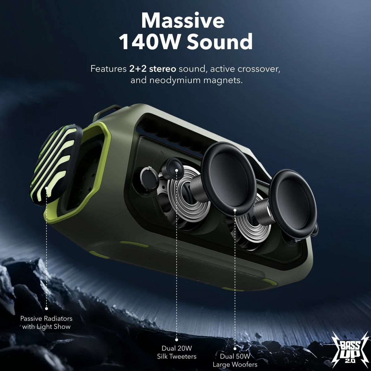 Tragbarer Bluetooth-Lautsprecher Anker SoundCore Boom 2 Plus, 140W, TWS, RGB, wasserdicht, grün, wiederverpackt A3134061