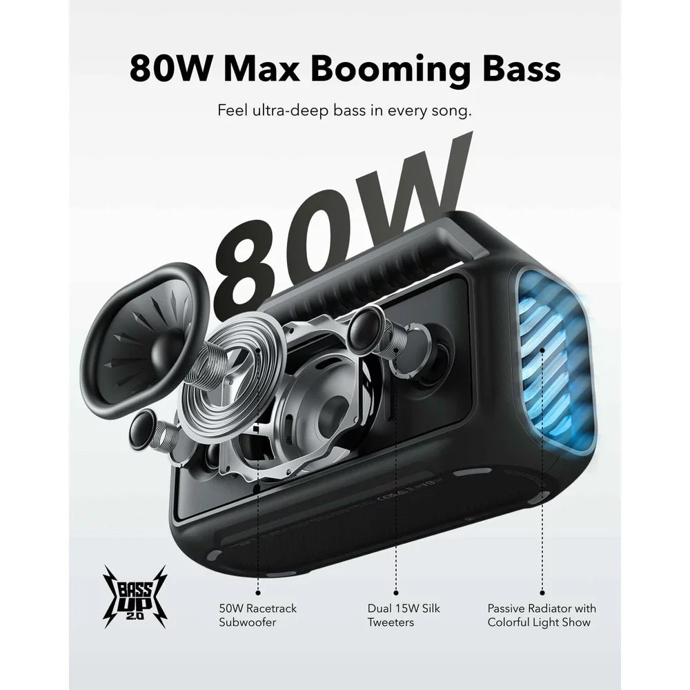 Tragbarer Bluetooth-Lautsprecher Anker SoundCore Boom 2, 80W, TWS, RGB, wasserdicht, Schwarz A3138011