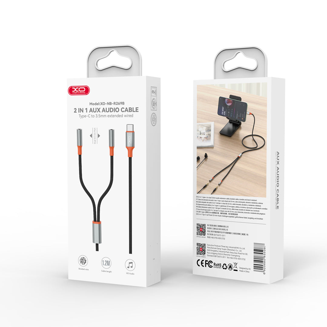 Audio-Splitter-Kabel USB-C - 2 x 3,5mm XO Design NB-R269B 2in1, 1,2m, Schwarz