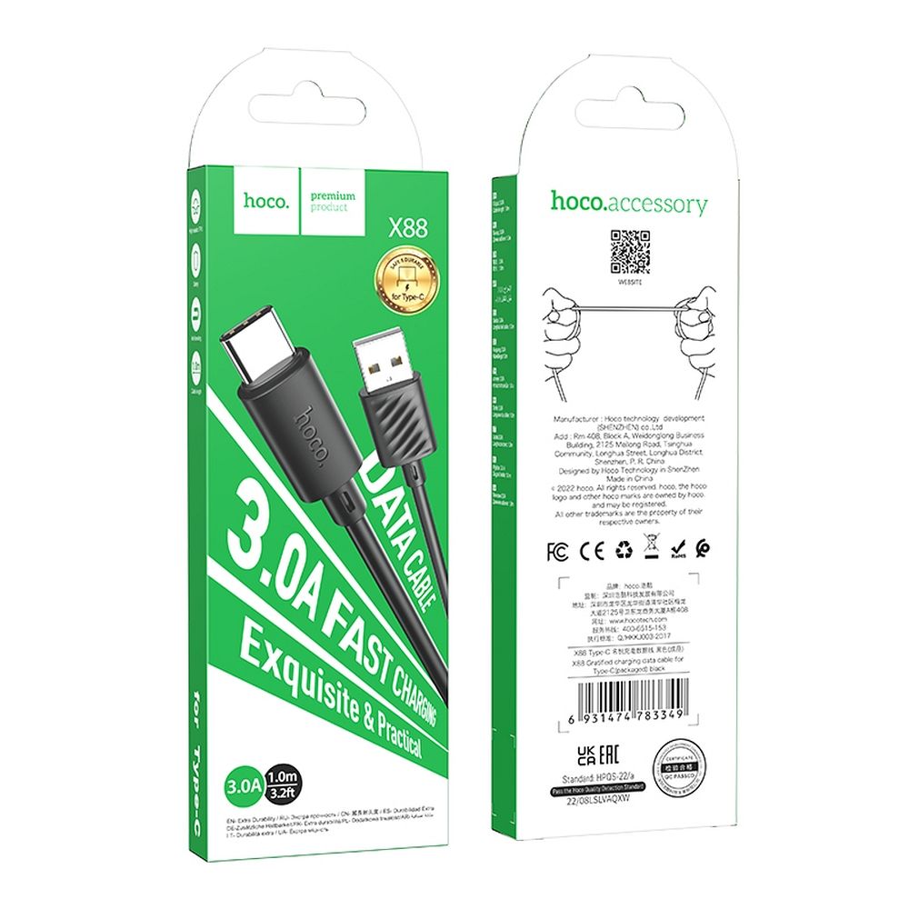 Câble de données et de charge USB-A - USB-C HOCO X88, 18W, 1m, noir