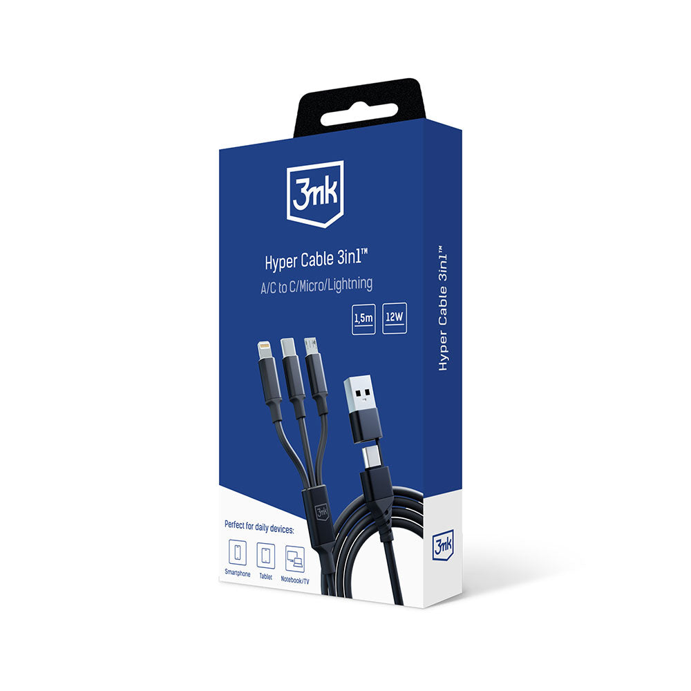 3MK Hyper 3in1 Ladekabel 1.5m | USB-A/C auf Lightning/microUSB/USB-C | Schwarz