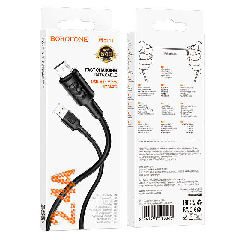 Câble de données et de charge USB-A - microUSB Borofone BX111 Feliz, 18W, 1m, Noir