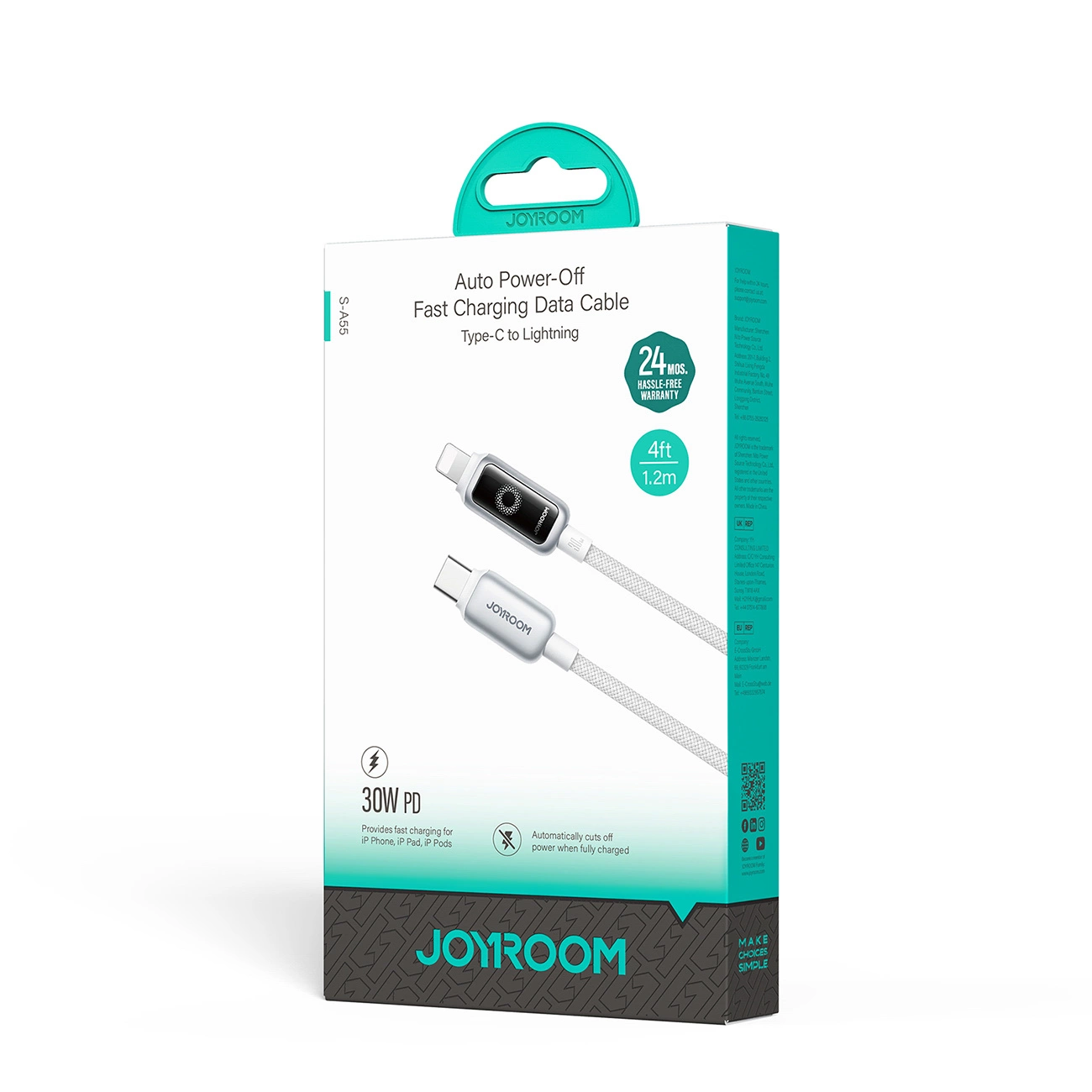 USB-C to Lightning Data and Charging Cable Joyroom S-A55 StarFlight Display, 30W, 1.2m, White