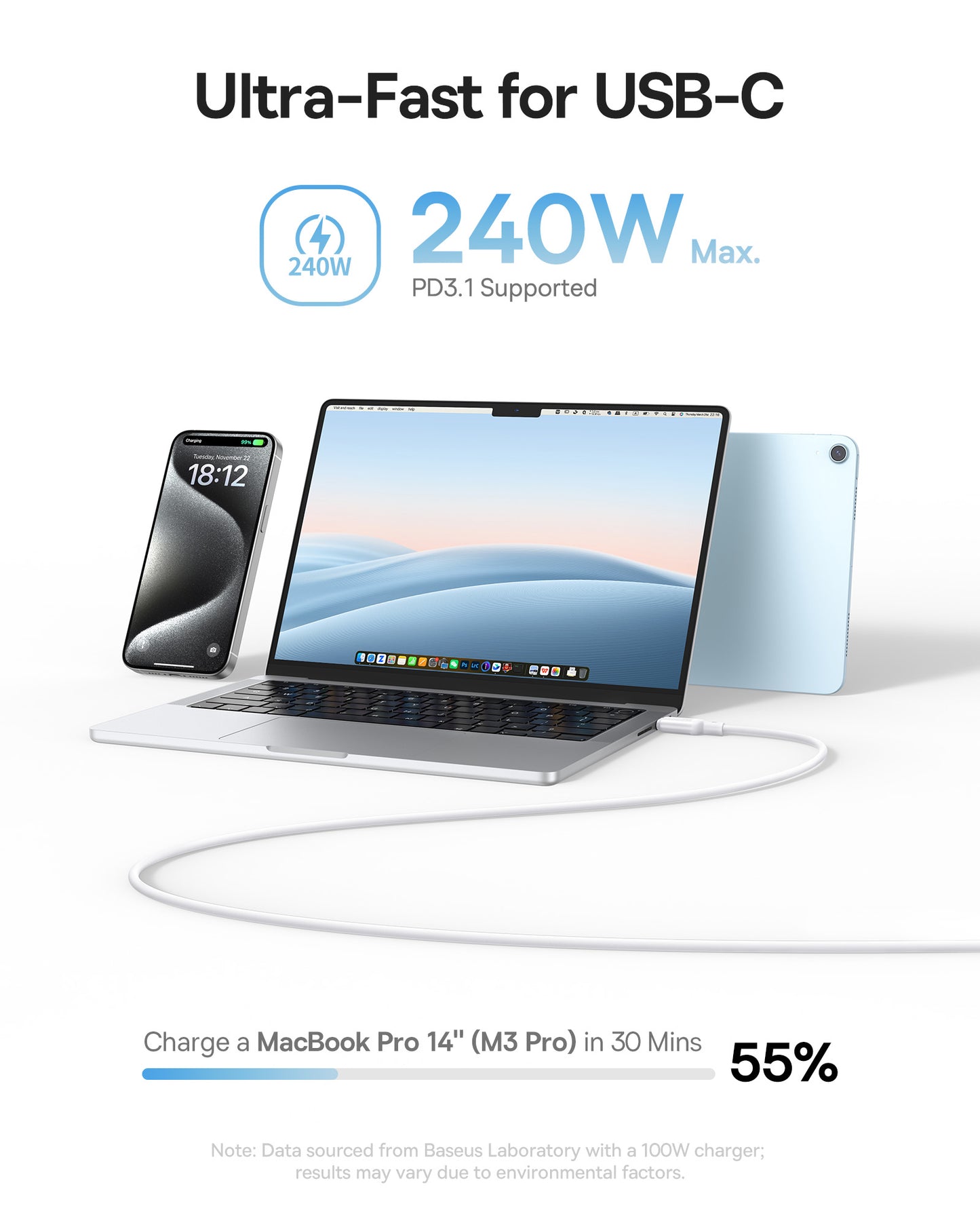 Câble de Données et de Charge USB-C - USB-C Baseus PicoGo, 240W, 1m, Blanc P10376800211-00