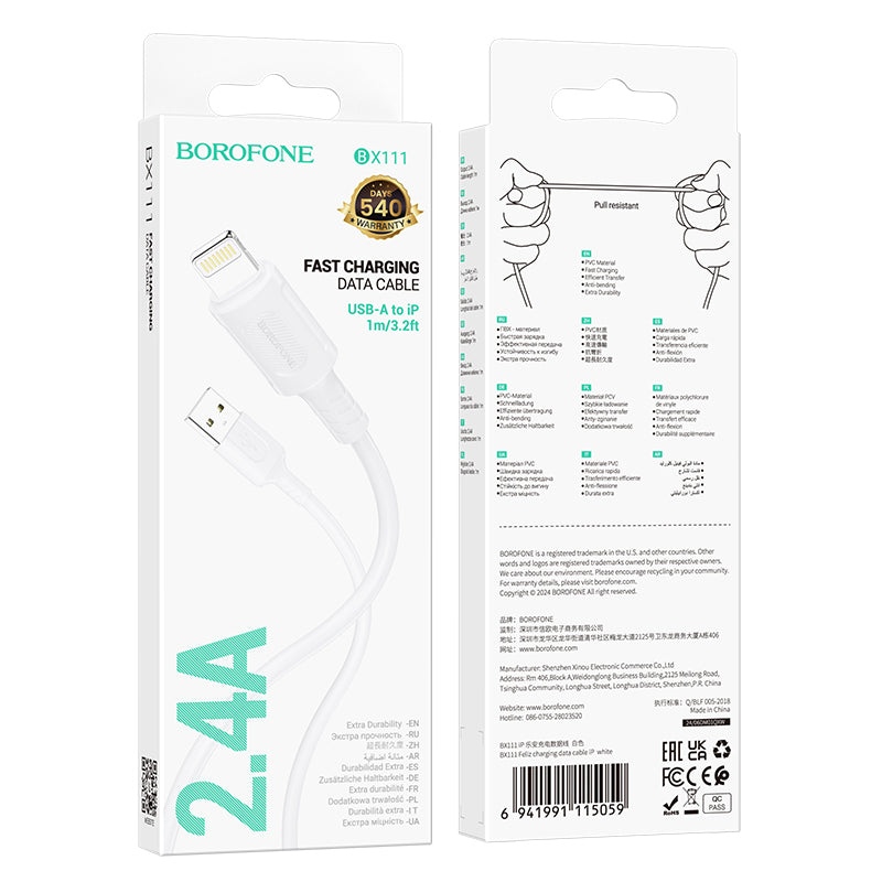 Câble de Données et de Charge USB-A - Lightning Borofone BX111 Feliz, 18W, 1m, Blanc