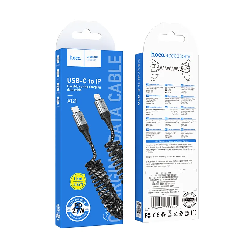 USB-C - Lightning Daten- und Ladekabel HOCO X121, 27W, 1,5m, Schwarz