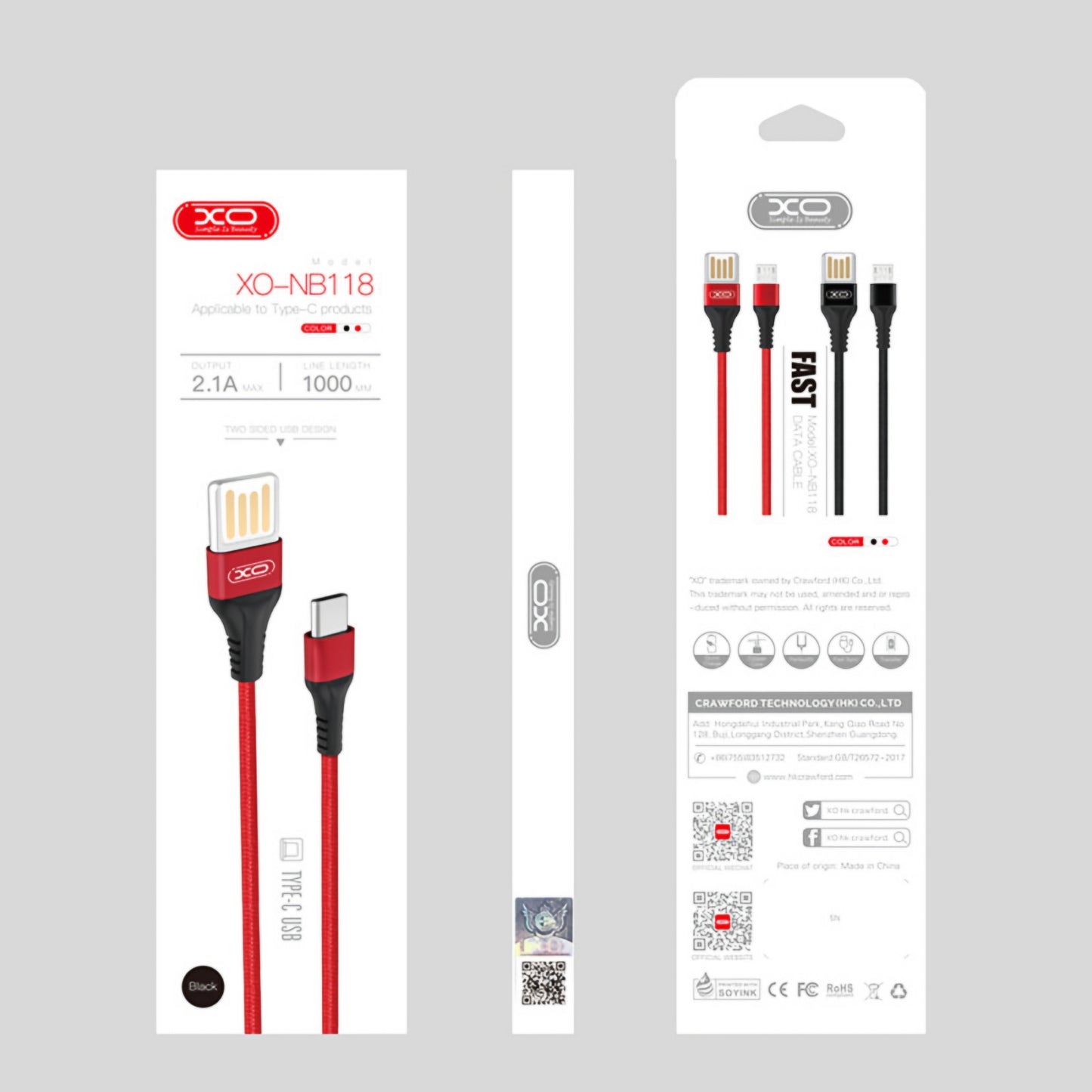 Câble de Données et de Charge USB-A - microUSB XO Design NB118, 18W, 1m, Rouge