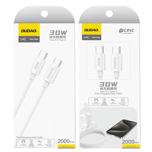 Câble de données et de charge USB-C - USB-C Dudao L4C, 30W, 2m, Blanc