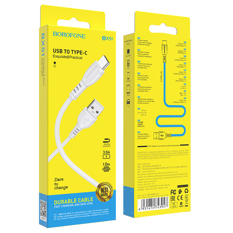 Câble de Données et de Charge USB-A - USB-C Borofone BX51 Triumph, 20W, 1m, Blanc