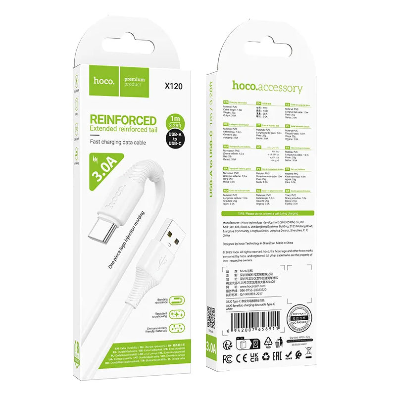 Câble de Données et de Charge USB-A - USB-C HOCO X120, 60W, 1m, Blanc
